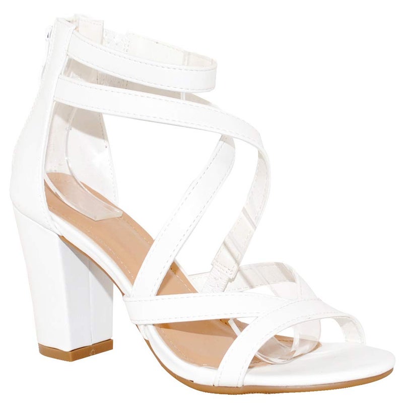 TRENDSUP COLLECTION Women's Chunky Heel Ankle Strap Sandals (8.5 B(M) US, White)